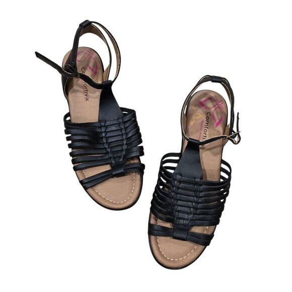 Comfortiva Strappy Sandals Women 7W Black Leather Pillowtop Memory Foam Open Toe - Picture 1 of 8